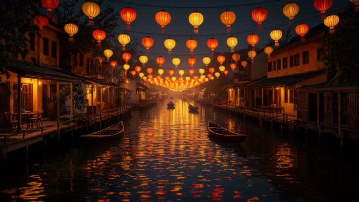 hoi-an-lanterns-night Glowing silk lanterns reflecting on the Thu Bon River in Hoi An Ancient Town at night