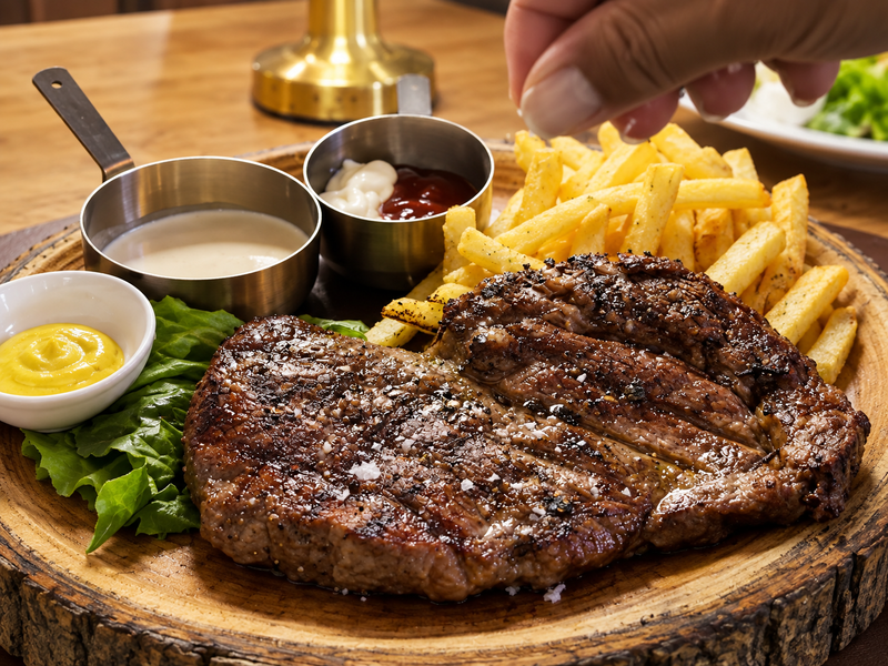 Steak and fries served at a restaurant in Koh Samui