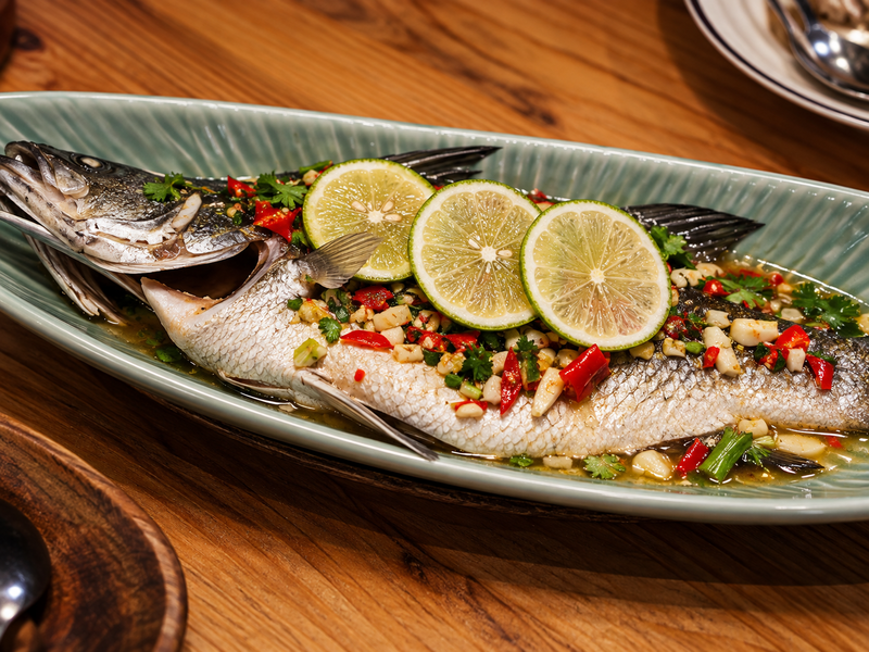 Whole grilled fish and seafood served in Koh Samui